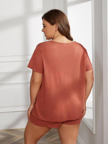 Plus Size Round Neck Short Sleeve Two-Piece Loungewear Set - Bayou Curves