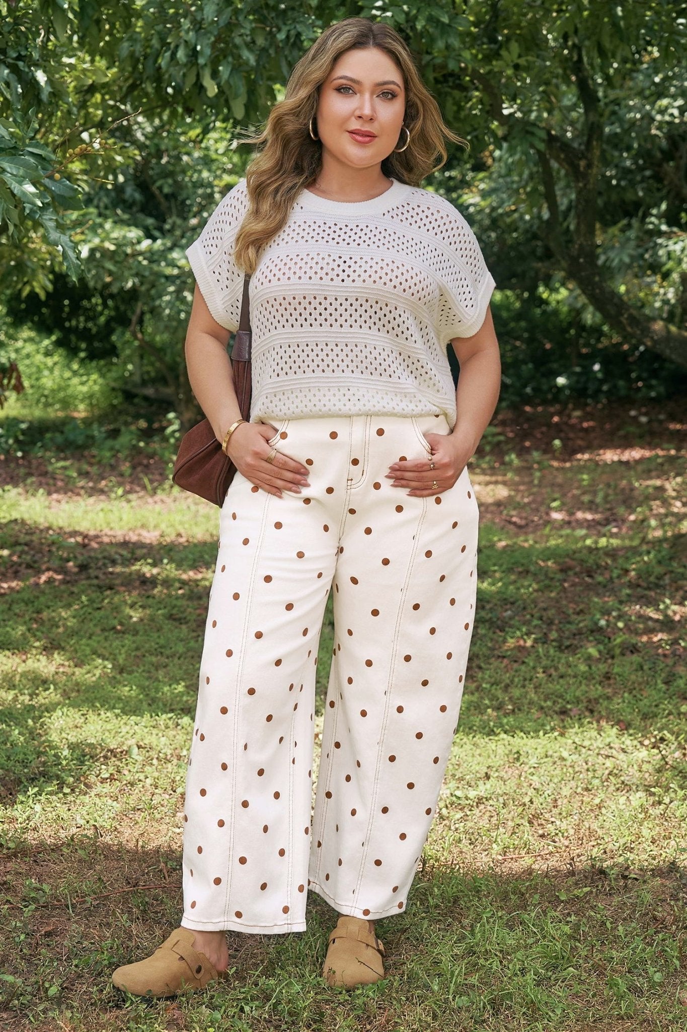 Plus Size Beige Polka Dot Print Barrel Jeans - Bayou Curves