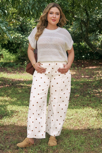 Plus Size Beige Polka Dot Print Barrel Jeans - Bayou Curves