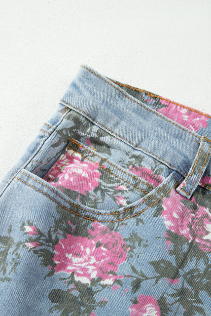 Plus Size Sky Blue Floral Print Ankle Length Loose Jeans