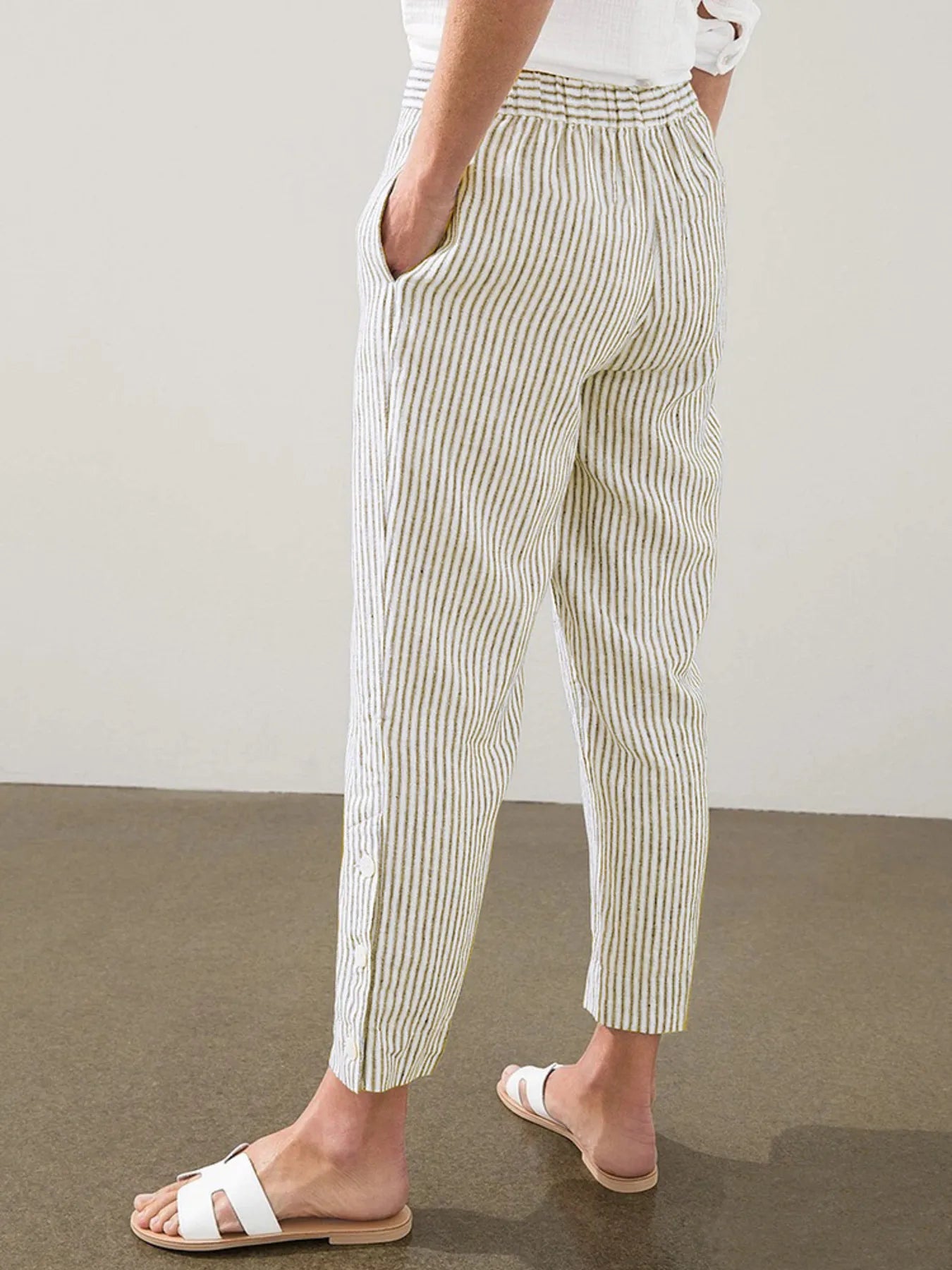 Full Size Striped Side Button Detail Pants Plus Size - Bayou Curves