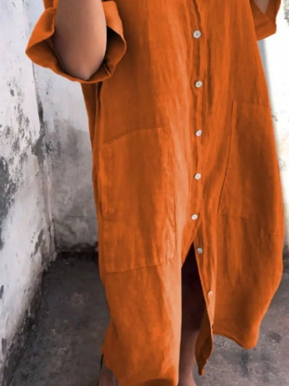 Full Size Casual Linen Button-Down Shirt Dress Plus Size - Bayou Curves