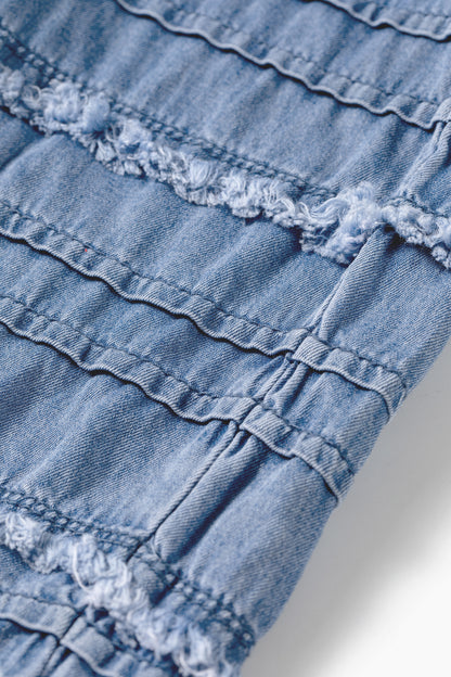 Plus Size Dusk Blue Tiered Raw Edge Ruffled Wide Leg Denim Pants
