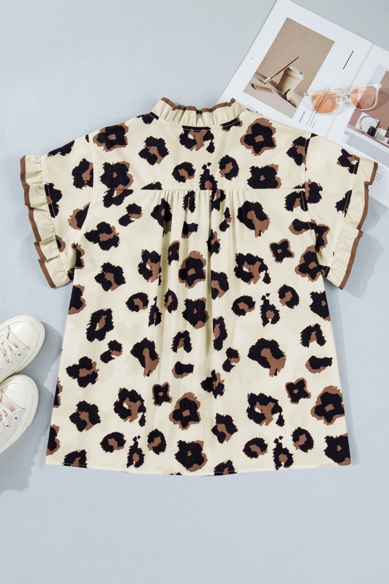 Plus Size Khaki Leopard Print Frilled Color Block Trim Button Down Short Sleeve Blouse - Bayou Curves