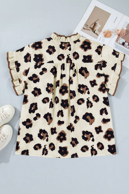 Plus Size Khaki Leopard Print Frilled Color Block Trim Button Down Short Sleeve Blouse - Bayou Curves