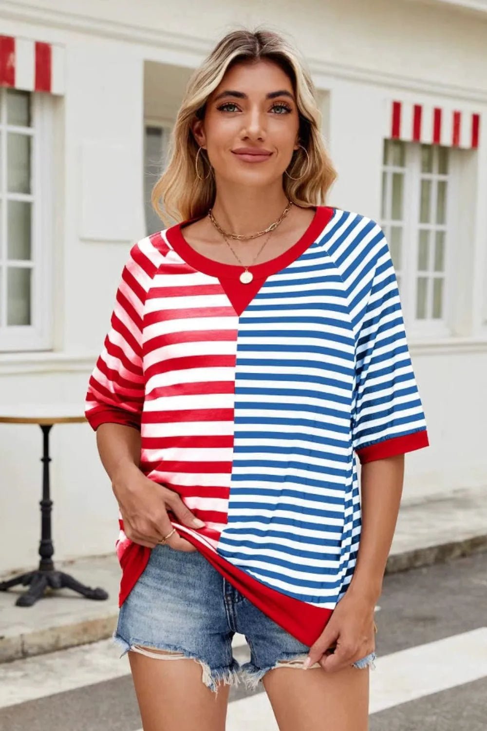 Striped Round Neck Half Sleeve T-Shirt - Bayou Curves
