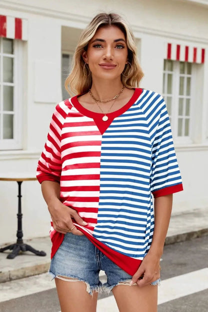 Striped Round Neck Half Sleeve T-Shirt - Bayou Curves