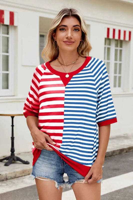 Striped Round Neck Half Sleeve T-Shirt - Bayou Curves