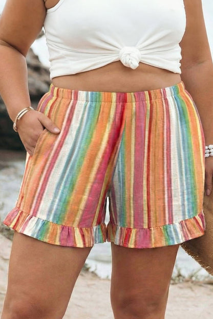 Plus Size Orange Stripe Elastic Waist Ruffle Hem Shorts