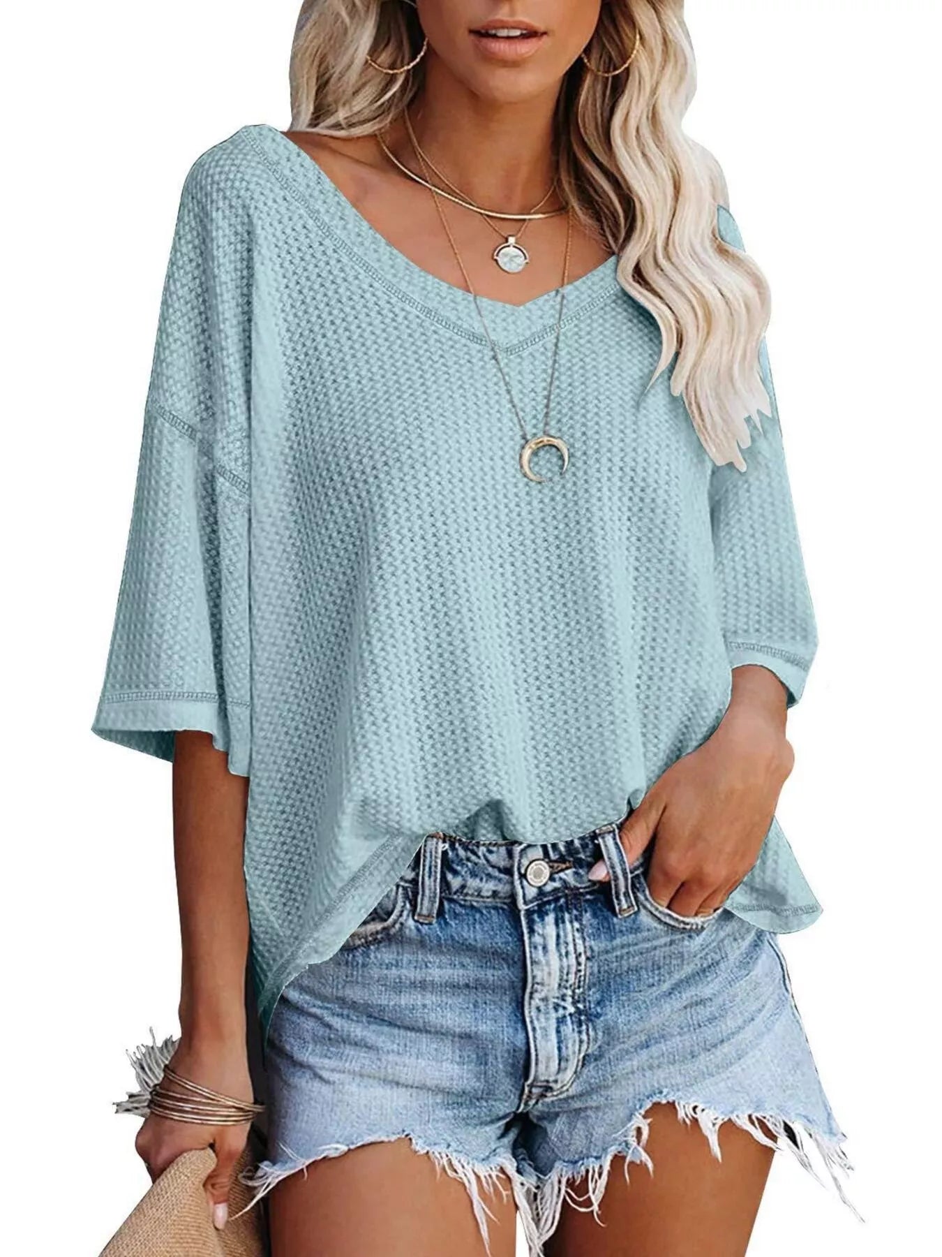 Waffle Knit V-Neck Short Sleeve T-Shirt - Bayou Curves