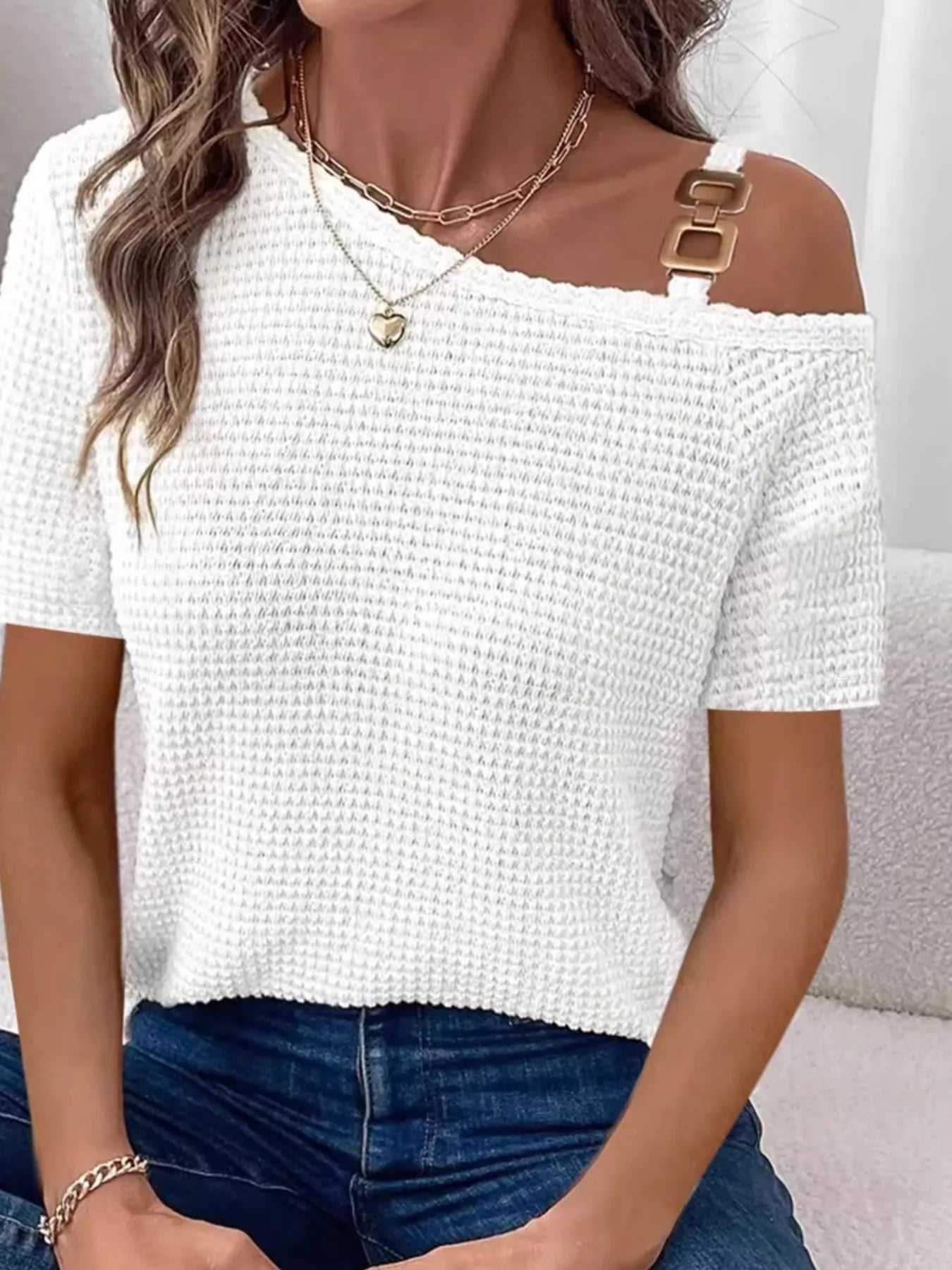 One-Shoulder Chain Detail Waffle Knit T-Shirt - Bayou Curves