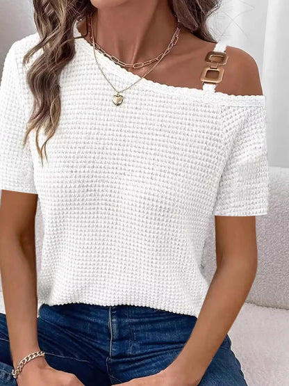 One-Shoulder Chain Detail Waffle Knit T-Shirt - Bayou Curves