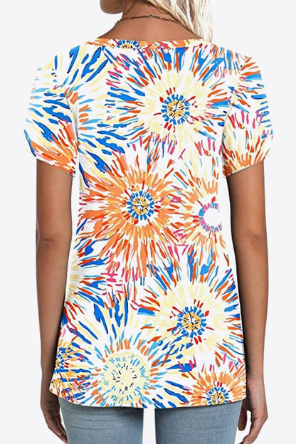 Printed Petal Sleeve V-Neck Blouse - Bayou Curves