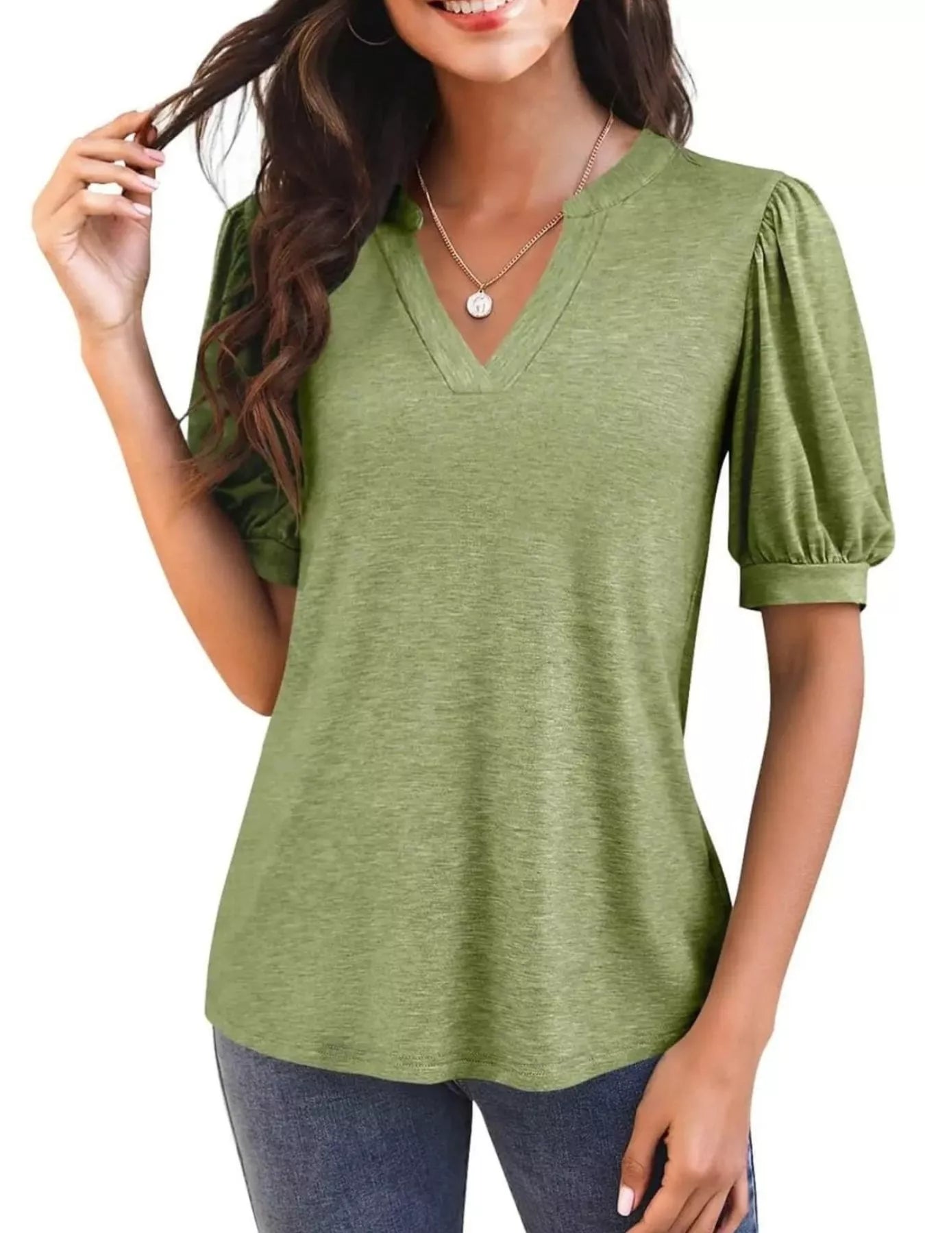 Puff Sleeve Notched Casual T-Shirt - Bayou Curves