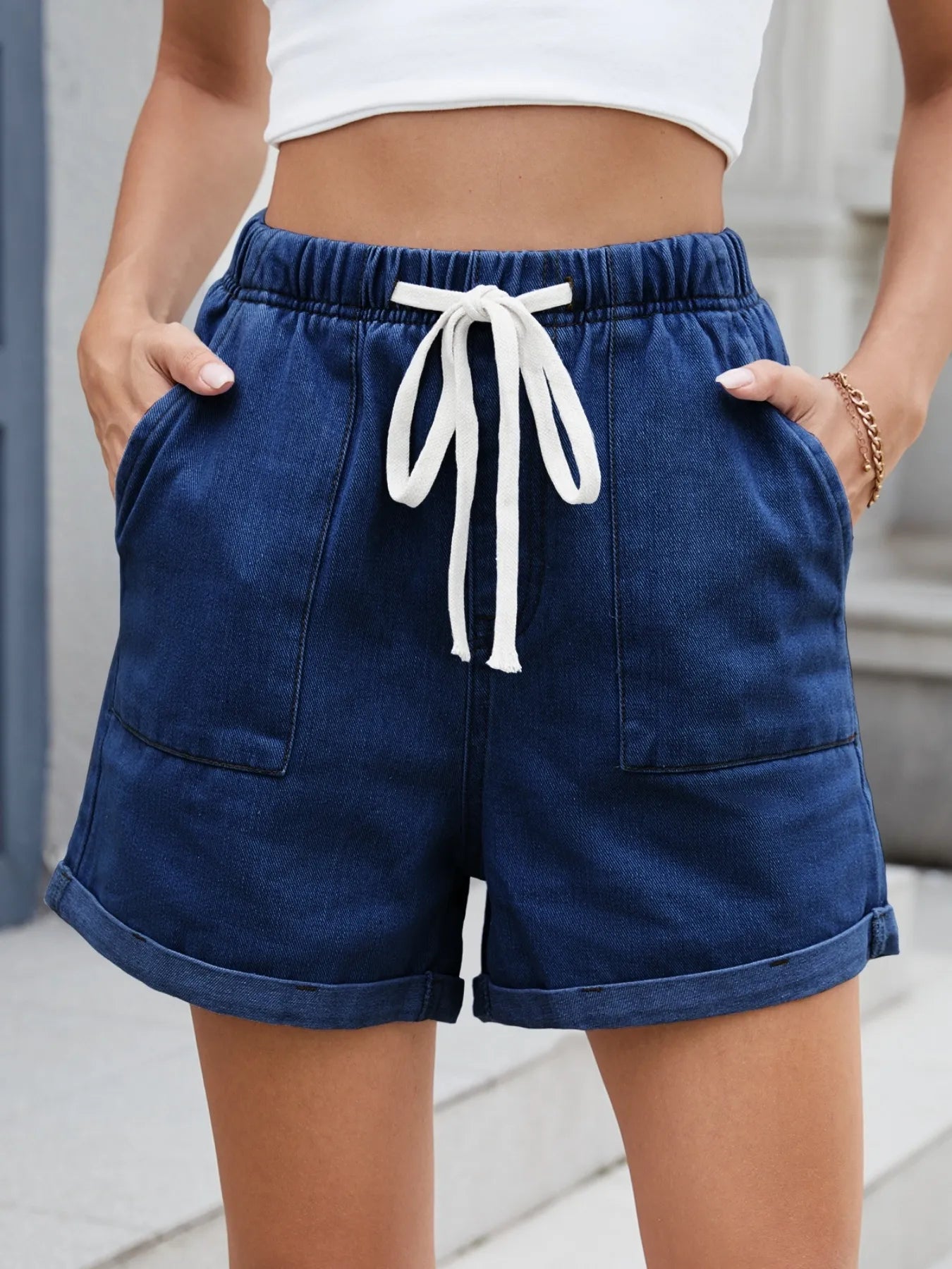 Drawstring Wash Denim Shorts - Bayou Curves