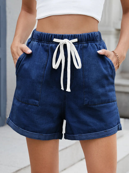 Drawstring Wash Denim Shorts - Bayou Curves