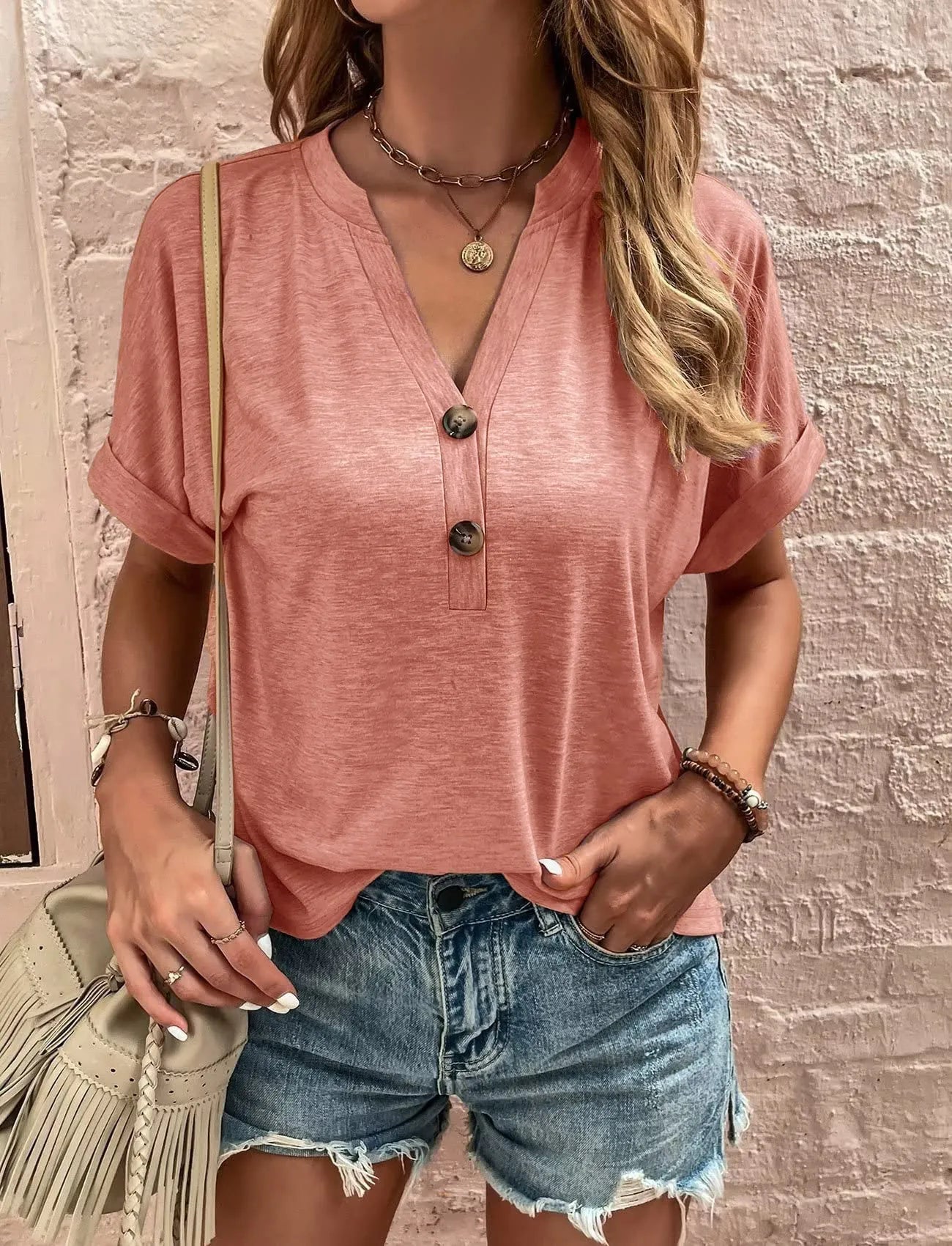 Full Size Notched Short Rolled Sleeve Top Plus Size - Bayou Curves