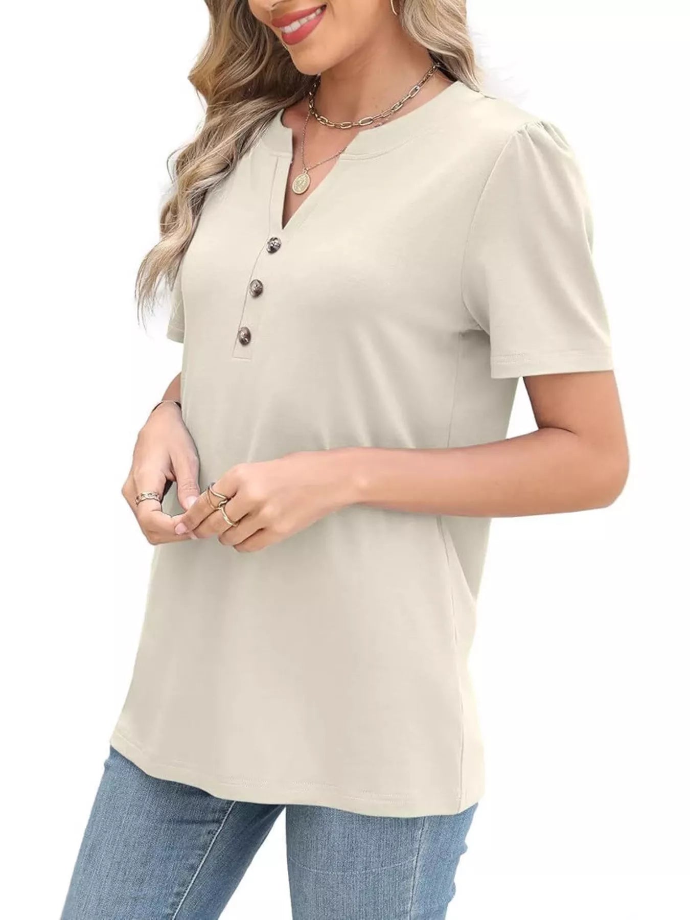 Full Size Notched Short Sleeve Blouse Plus Size - Bayou Curves