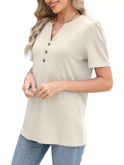 Full Size Notched Short Sleeve Blouse Plus Size - Bayou Curves