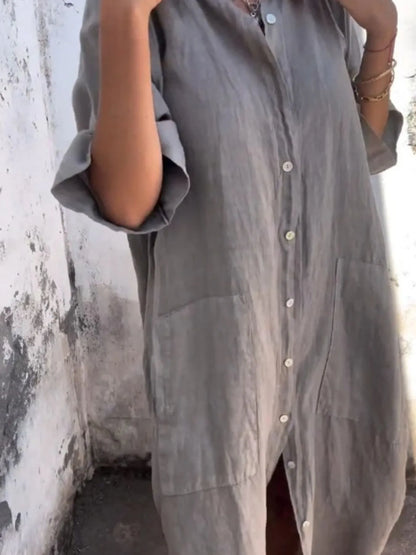 Full Size Casual Linen Button-Down Shirt Dress Plus Size - Bayou Curves