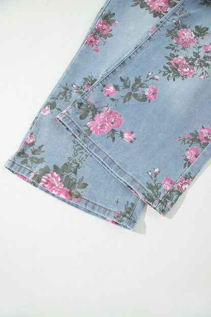 Plus Size Sky Blue Floral Print Ankle Length Loose Jeans