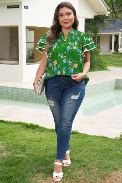 Plus Size Green Ruffled Short Sleeve Floral Top - Bayou Curves