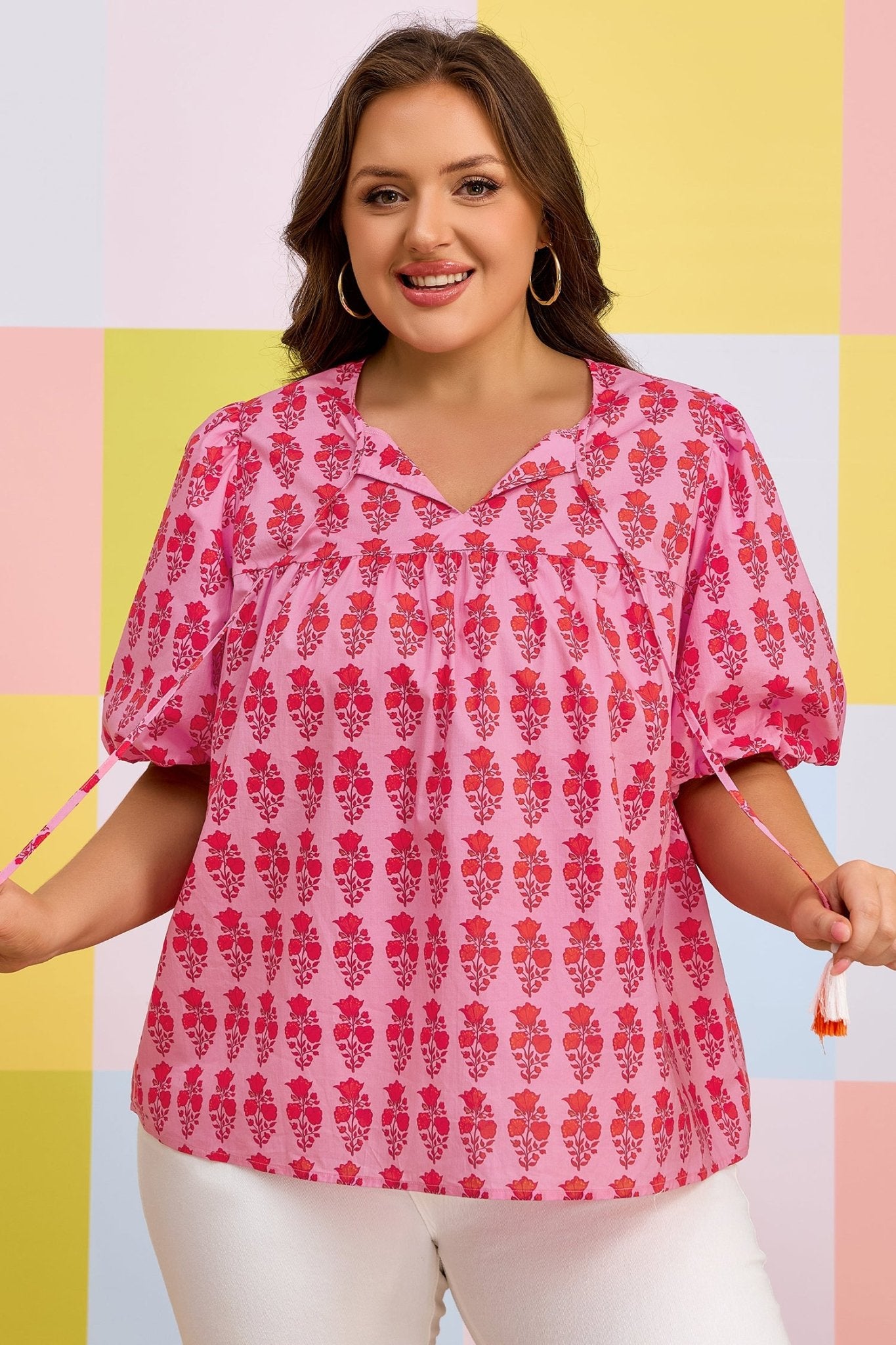 Plus Size Pink Floral Print Tassel Tie Puff Sleeve Cotton Blouse - Bayou Curves