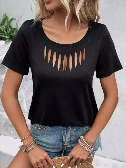 Hollow Out Neckline Short Sleeve T-Shirt - Bayou Curves