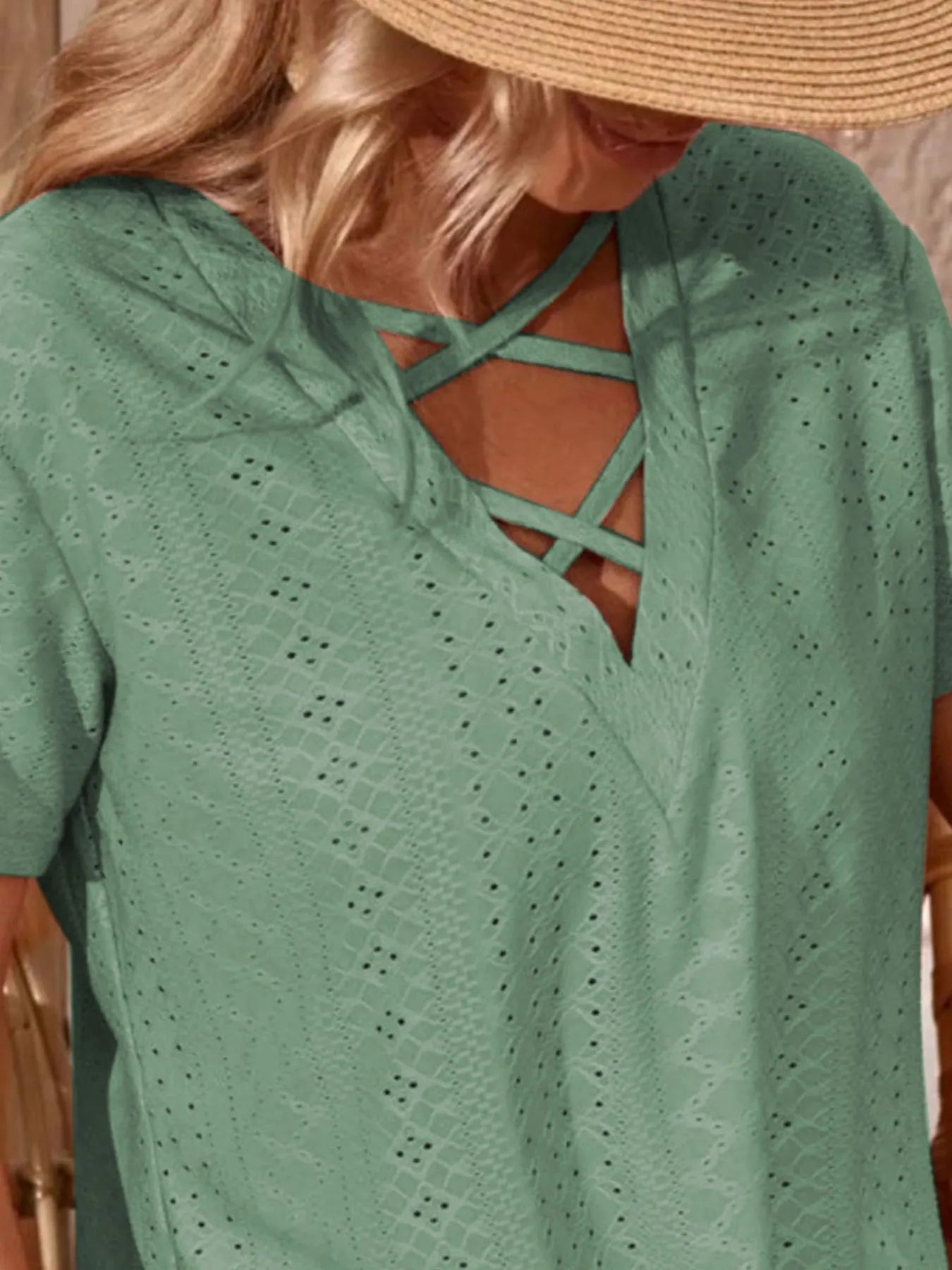 Eyelet Crisscross Short Sleeve T-Shirt - Bayou Curves