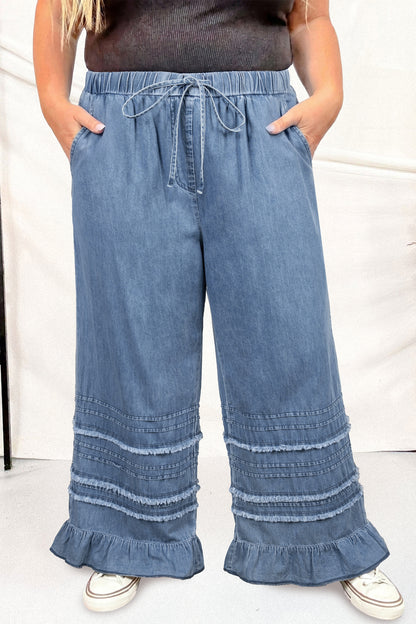 Plus Size Dusk Blue Tiered Raw Edge Ruffled Wide Leg Denim Pants