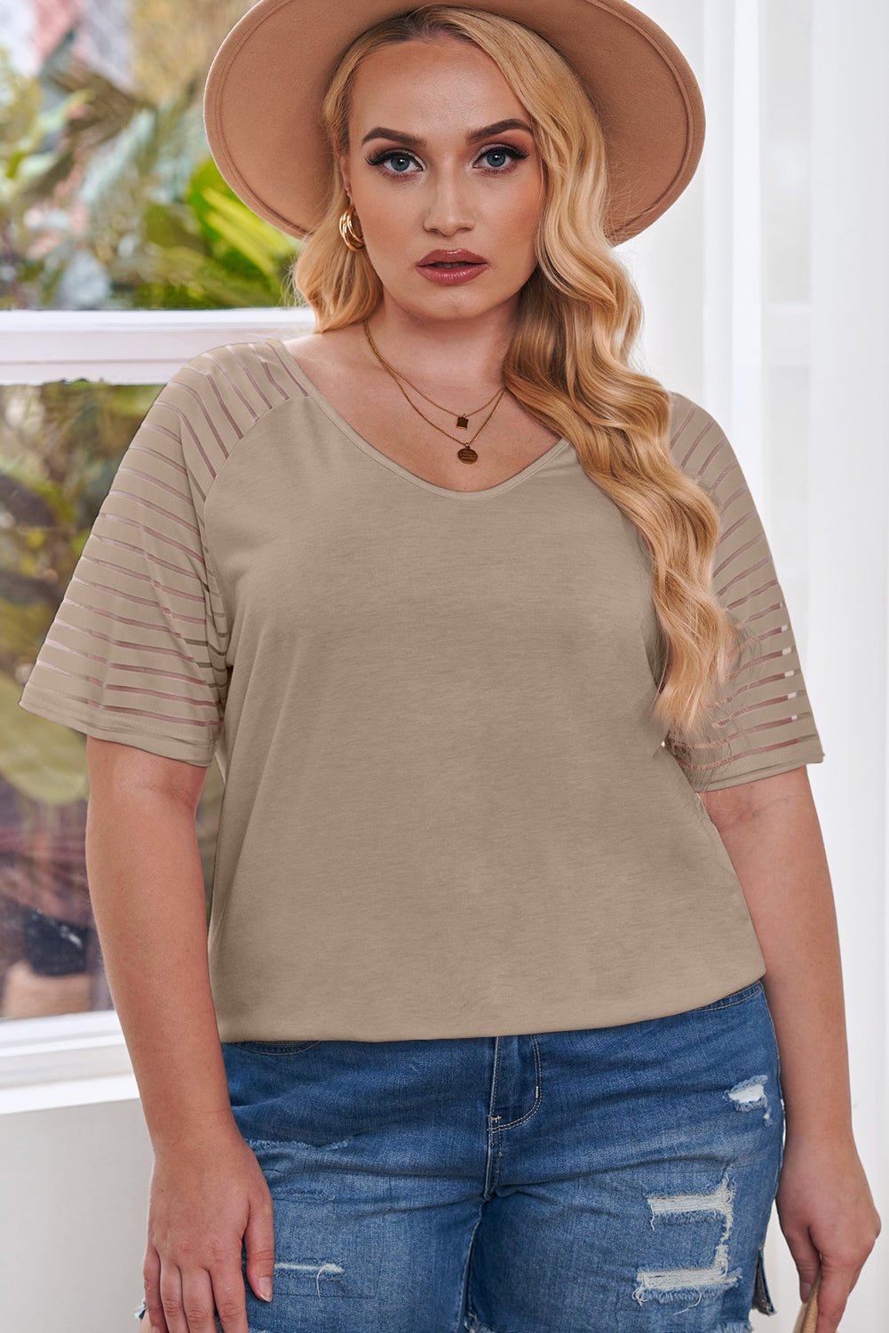 Plus Size Khaki Striped Raglan Sleeve Tee - Bayou Curves