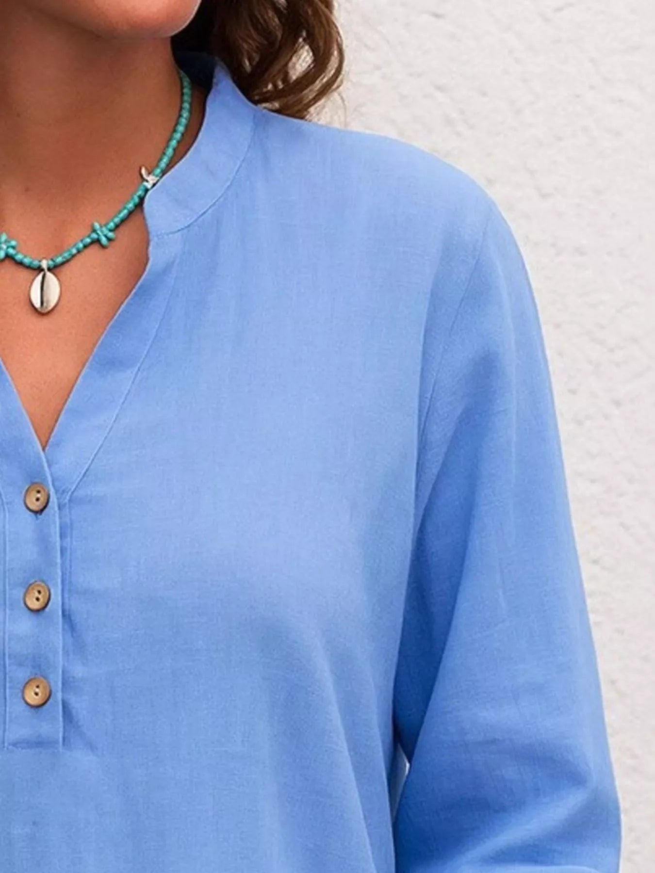 Full Size Button Detail Notched Long Sleeve Blouse Plus Size - Bayou Curves