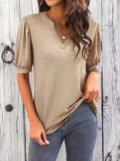 Puff Sleeve Notched Casual T-Shirt - Bayou Curves