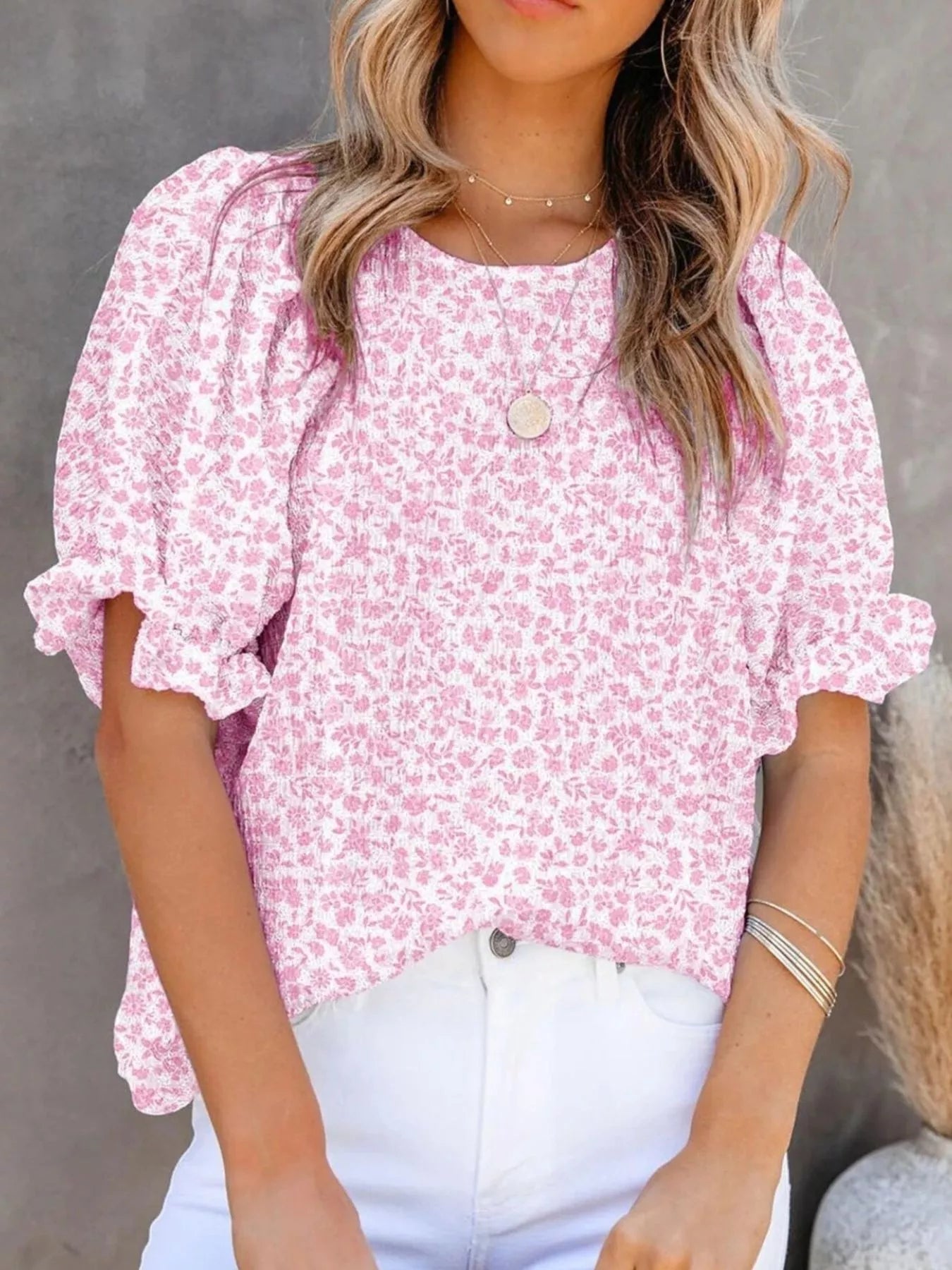 Full Size Floral Print Ruffle Sleeve Blouse Plus Size - Bayou Curves