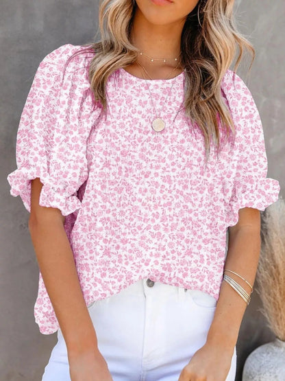 Full Size Floral Print Ruffle Sleeve Blouse Plus Size - Bayou Curves