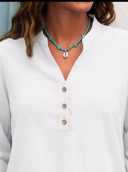 Full Size Button Detail Notched Long Sleeve Blouse Plus Size - Bayou Curves