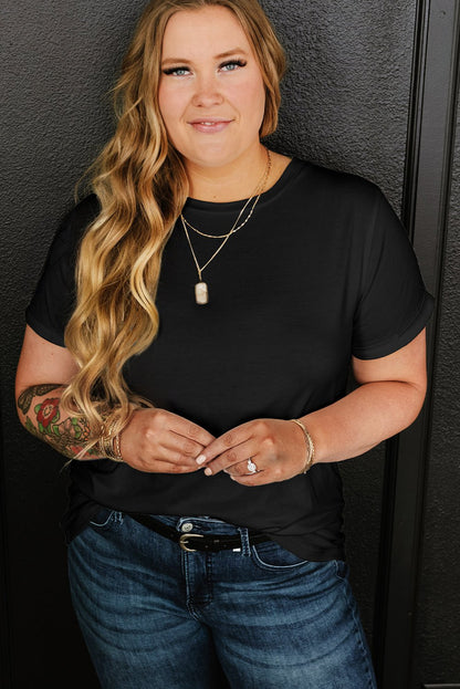 Plus Size Round Neck Rolled Sleeve T-shirt - Bayou Curves