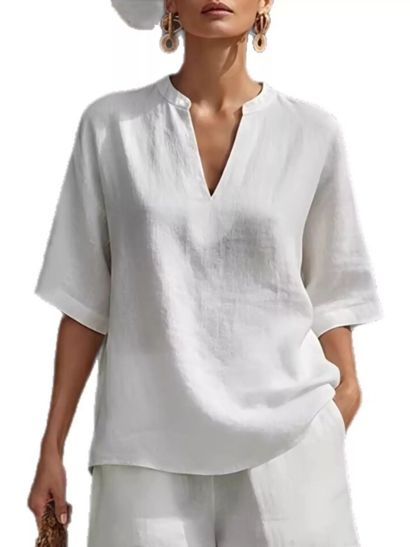 Full Size Notched Half Sleeve Top and Shorts Set Plus Size - Bayou Curves