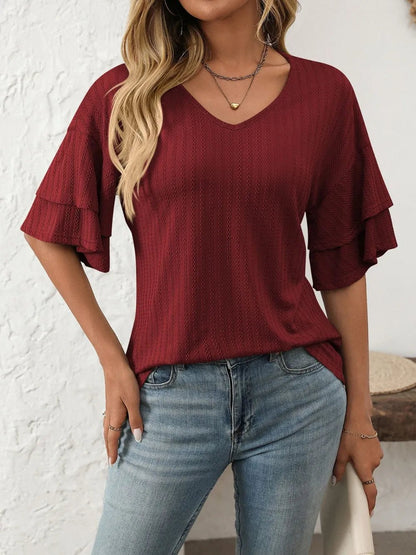 Mandy V-Neck Ruffle Half Sleeve Top - Bayou Curves