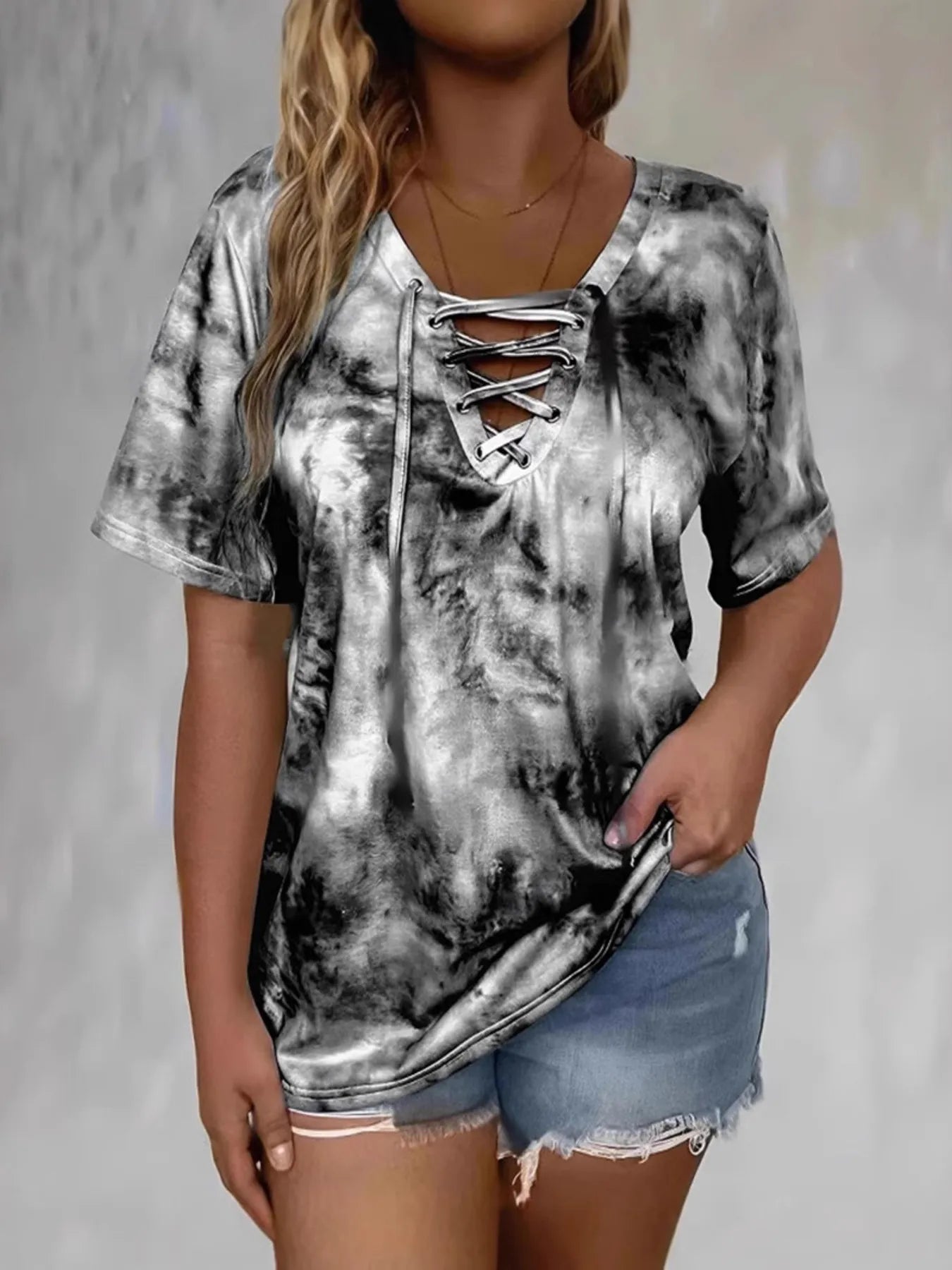 Tie Dye Lace-Up V-Neck Casual T-Shirt - Bayou Curves
