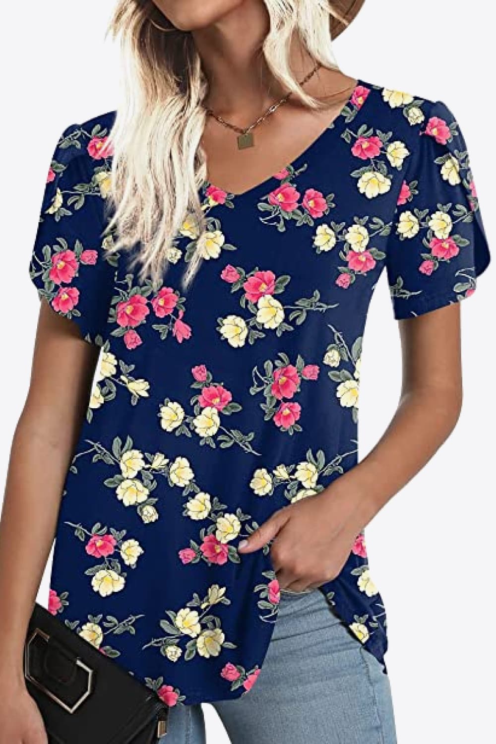 Printed Petal Sleeve V-Neck Blouse - Bayou Curves