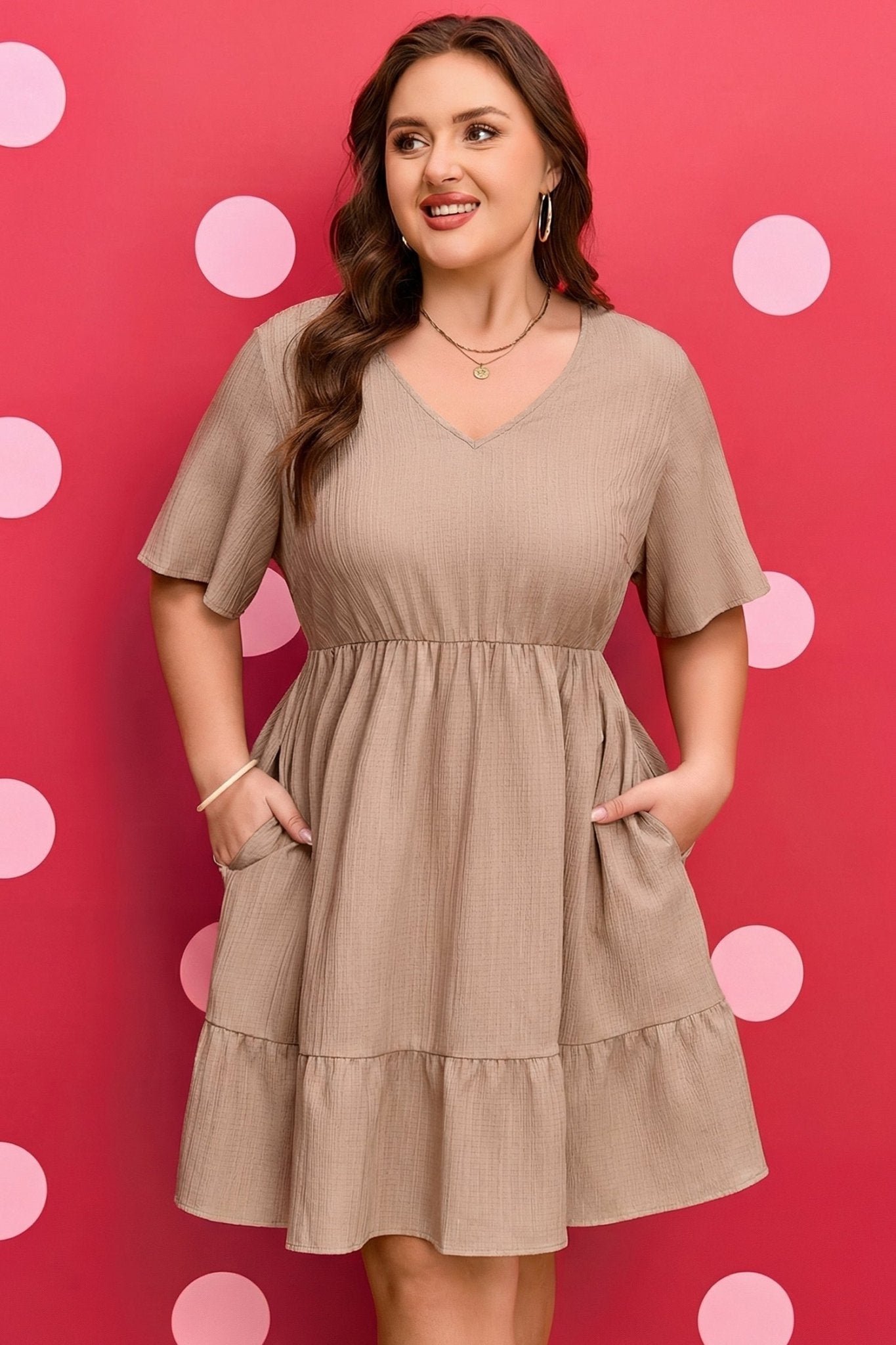 Plus Size Dark Khaki Textured Ruffled Short Sleeve Dress - Bayou Curves