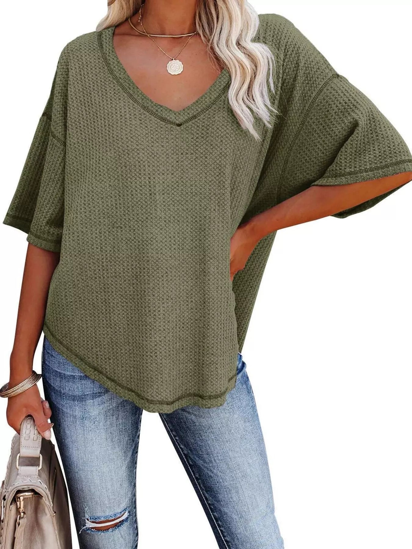 Waffle Knit V-Neck Short Sleeve T-Shirt - Bayou Curves