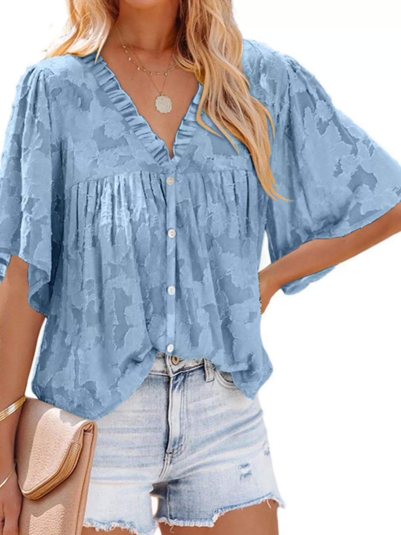 Full Size Textured V-Neck Button-Down Shirt Plus Size - Bayou Curves
