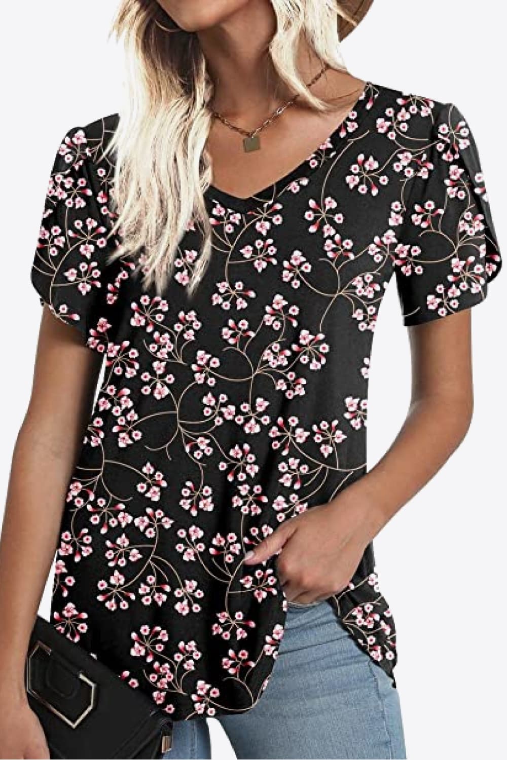 Printed Petal Sleeve V-Neck Blouse - Bayou Curves