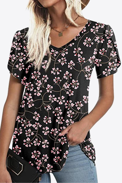 Printed Petal Sleeve V-Neck Blouse - Bayou Curves