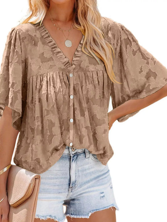 Full Size Textured V-Neck Button-Down Shirt Plus Size - Bayou Curves