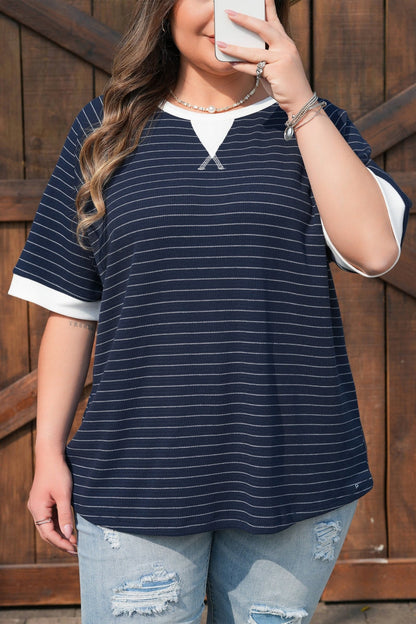 Plus Size Blue Stripe Contrast Trim Ribbed T Shirt - Bayou Curves