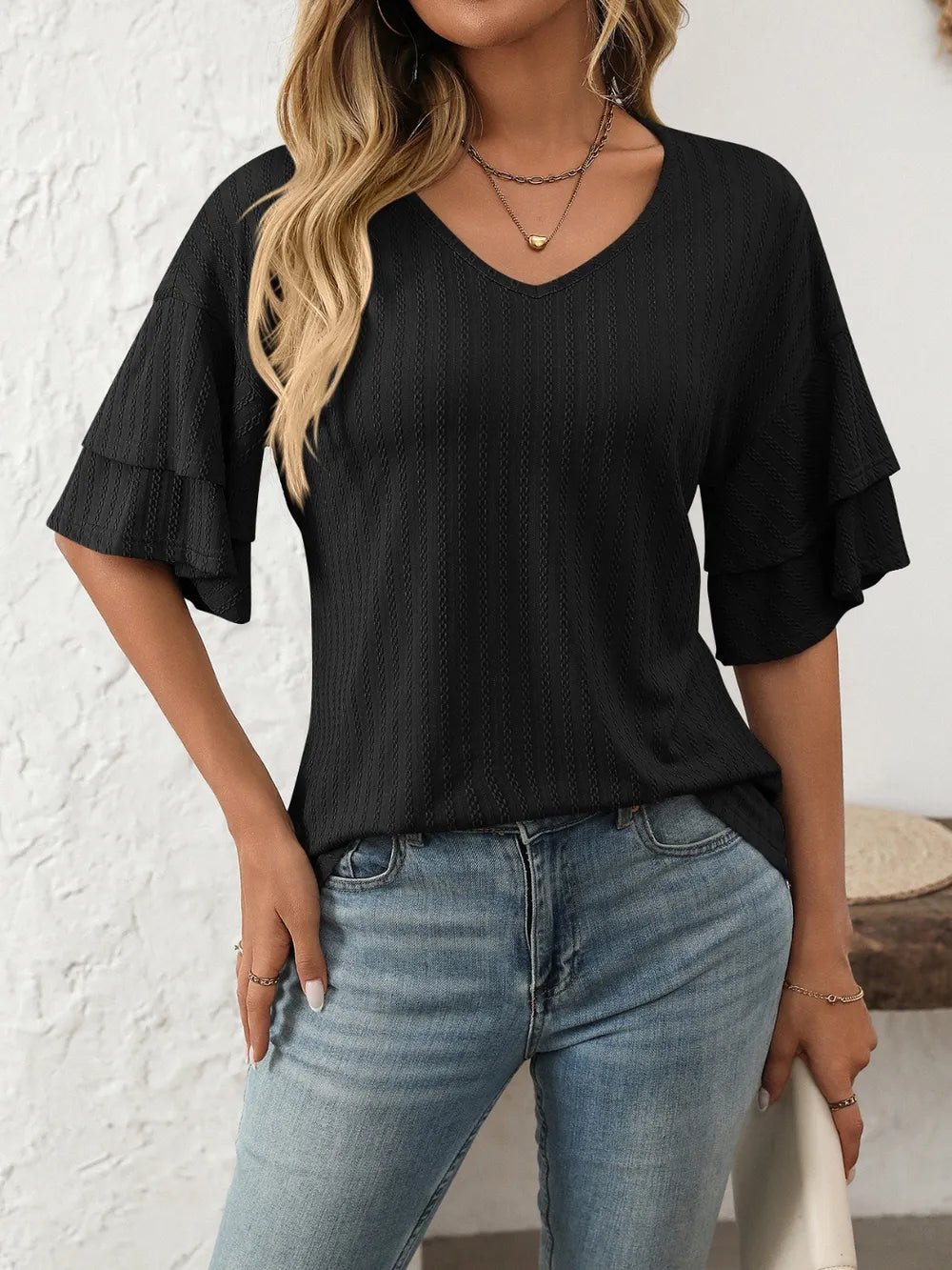 Mandy V-Neck Ruffle Half Sleeve Top - Bayou Curves