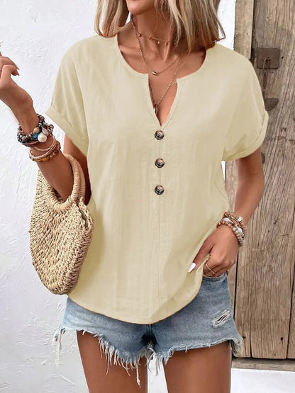 Full Size Notched Short Sleeve Top Plus Size - Bayou Curves